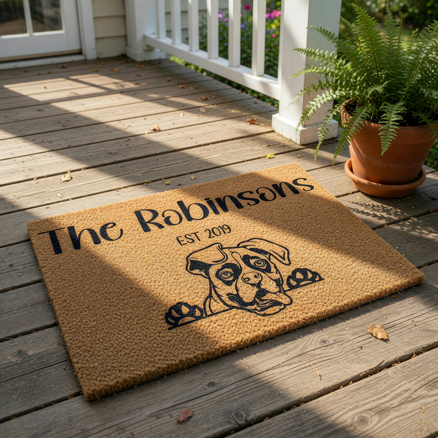 Personalized Boxer dog doormat featuring a custom family name and established year on natural coir fiber, this durable outdoor welcome mat makes a fun pet lover housewarming entry rug for any home with a cute dog breed