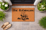 Personalized Boxer dog doormat featuring a custom family name and established year on natural coir fiber, perfect as a front porch welcome mat for pet lovers who want a durable, stylish outdoor rug for their home entryway decor.