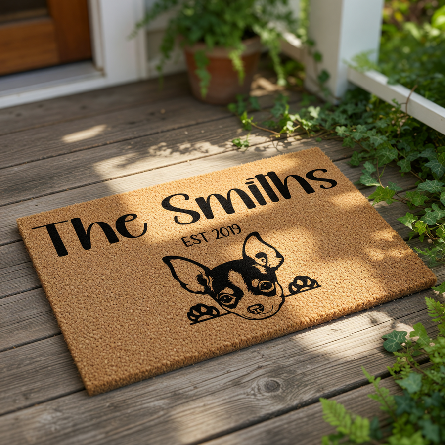 Personalized Chihuahua doormat featuring a cute dog illustration, custom family name, and established year on a natural coir welcome mat, perfect for pet lovers looking for a durable outdoor front porch rug or housewarming entry
