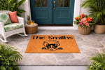Personalized Chihuahua dog doormat for front porch entry, featuring a custom family name and established year on natural coir fiber.