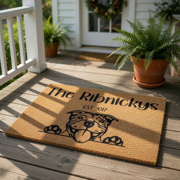 Personalized Pitbull dog doormat on a front porch, featuring a cute dog illustration and custom family name text on natural coir fiber, making this a durable outdoor welcome mat for dog lovers and pet owners.