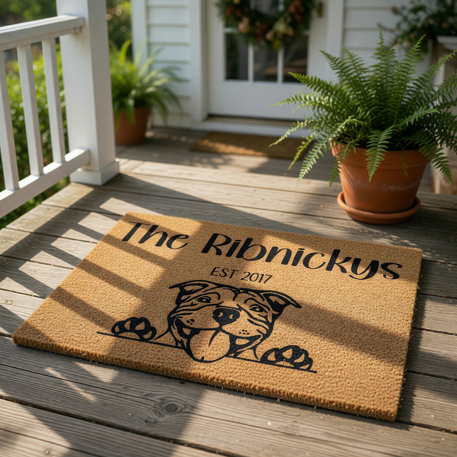 Personalized Pitbull dog doormat on a front porch, featuring a cute dog illustration and custom family name text on natural coir fiber, making this a durable outdoor welcome mat for dog lovers and pet owners.