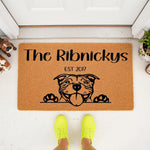 Personalized Pitbull dog doormat featuring a custom family name and established year, this natural coir welcome mat has a cute dog illustration and is a durable outdoor floor rug for your front porch or entryway decor.