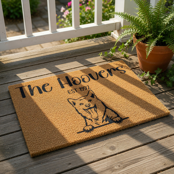 Personalized family name coir doormat featuring a cute Shiba Inu dog illustration, custom established date text, and durable natural fiber construction for a stylish outdoor welcome mat at your front door entrance.