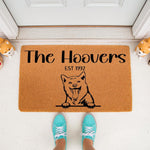 Personalized Shiba Inu dog doormat featuring a custom family name and established date on natural coir fiber, perfect as a decorative front porch welcome mat for pet lovers and dog owners looking for unique home entrance decor.