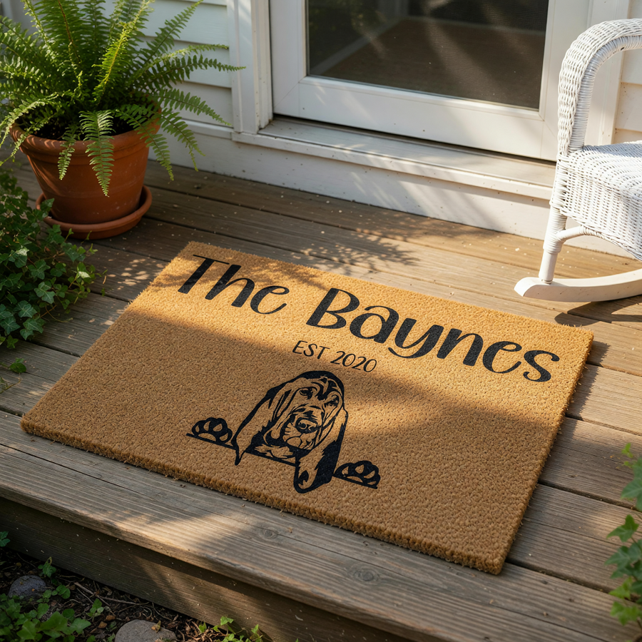 Personalized Basset Hound doormat featuring a custom family name and established year on natural coir fiber, this durable outdoor welcome mat makes a stylish housewarming entry rug for any dog lover home decor and porch entrance.
