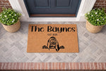 Personalized Basset Hound doormat featuring a custom family name and established year on natural coir fiber, perfect as a decorative front porch welcome mat for dog lovers who want a unique housewarming or pet owner home entrance