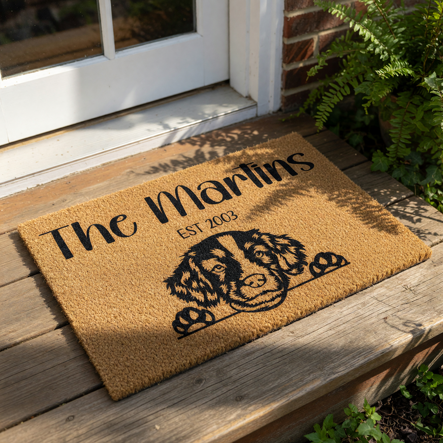 Personalized dog breed doormat featuring a cute puppy illustration on natural coir fiber, this custom family name welcome mat is a durable outdoor rug for your front porch entry, perfect for pet lovers and housewarming decor.