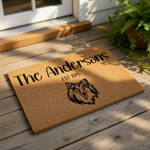 Personalized Collie dog doormat for front porch entry, featuring a natural coir fiber welcome mat with a custom family name and established year design, perfect for dog lovers seeking durable outdoor home decor and entryway floor