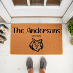 Personalized Collie dog doormat for front porch entry, featuring a natural coir fiber welcome mat with a custom family name and year, perfect for dog lovers looking for a durable outdoor rug for their home entrance and entryway
