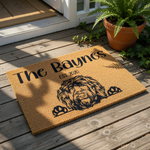 Personalized Labradoodle doormat featuring a cute dog illustration and custom family name text on a natural coir welcome mat, perfect for a front porch entry or housewarming decor for any dog lover home entrance.