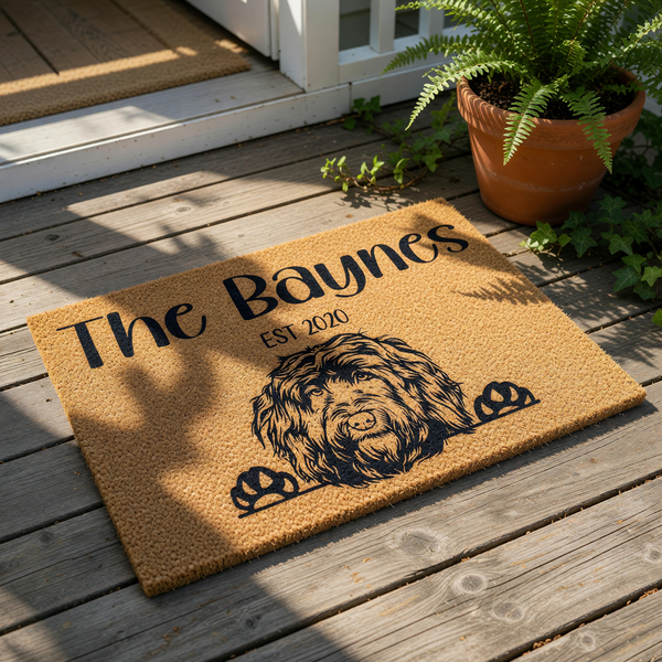 Personalized Labradoodle doormat featuring a cute dog illustration and custom family name text on a natural coir welcome mat, perfect for a front porch entry or housewarming decor for any dog lover home entrance.