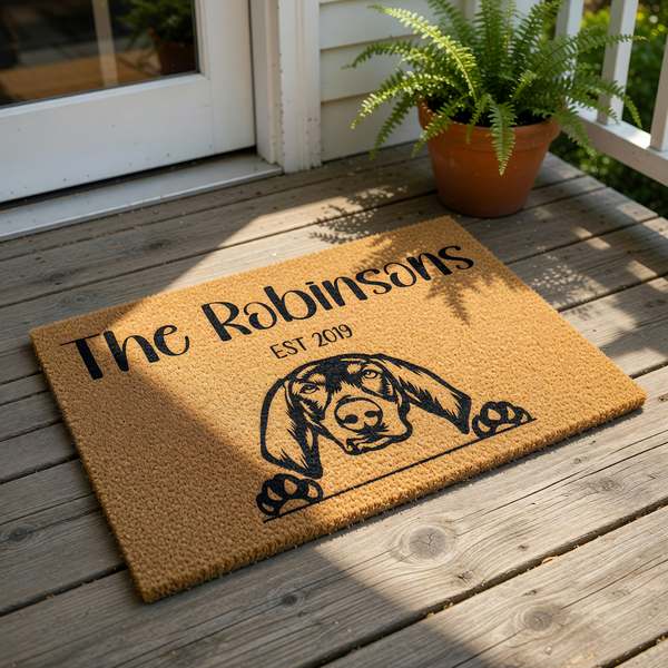 Personalized dog breed welcome doormat featuring a custom family name and established year on a natural coir fiber mat, perfect for a front porch entryway, housewarming decor, or a pet lover home entrance floor rug.