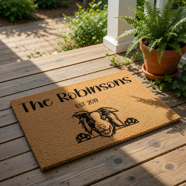 Personalized Border Collie doormat featuring a custom family name and established year, this durable coir welcome mat showcases a cute dog illustration and makes a stylish housewarming entry rug for any pet lover home decor.