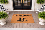 Personalized Border Collie dog doormat for front porch, featuring a custom family name and established year on natural coir fiber.