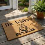Personalized Spaniel dog doormat featuring a custom family name and established year, this durable coir welcome mat showcases a cute dog illustration for a unique home entrance decor piece that dog lovers will truly enjoy.