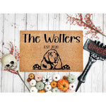 Personalized dog breed coir doormat featuring a custom family name and year, perfect as a fall welcome mat for pet lovers.