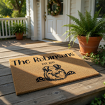 Personalized Sheltie dog doormat for front porch, featuring a custom family name and established year on natural coir fiber.