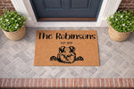 Personalized Collie dog doormat for front porch entry, featuring a custom family name and established year on natural coir fiber.