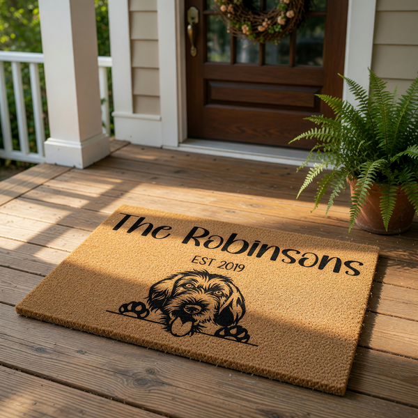 Personalized dog doormat featuring a cute shaggy dog illustration, custom family name, and established year on a natural coir welcome mat, perfect for a pet lover home entrance or a durable outdoor front porch floor rug.