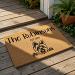 Personalized Yorkshire Terrier doormat featuring a cute dog illustration, custom family name text, and established year on a natural coir welcome mat, perfect for a pet lover home entrance or a unique housewarming front porch