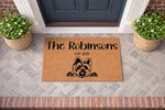 Personalized Terrier dog doormat featuring a cute dog illustration, custom family name, and established year on natural coir fiber, perfect for a front porch entryway, housewarming decor, or a unique pet lover home welcome mat.