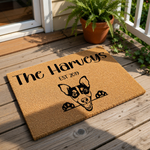 Personalized Rat Terrier doormat featuring a cute dog peeking over the edge, this custom coir welcome mat for dog lovers makes a durable outdoor rug for your front porch entry, showcasing a family name and established year design.