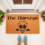 Personalized Rat Terrier dog doormat for front porch entry, featuring a custom family name and established year on durable coir fiber.