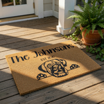 Personalized Boxer dog doormat featuring a custom family name and established year, this durable coir welcome mat showcases a cute dog face peeking over the edge for a stylish and functional home entrance decor piece.