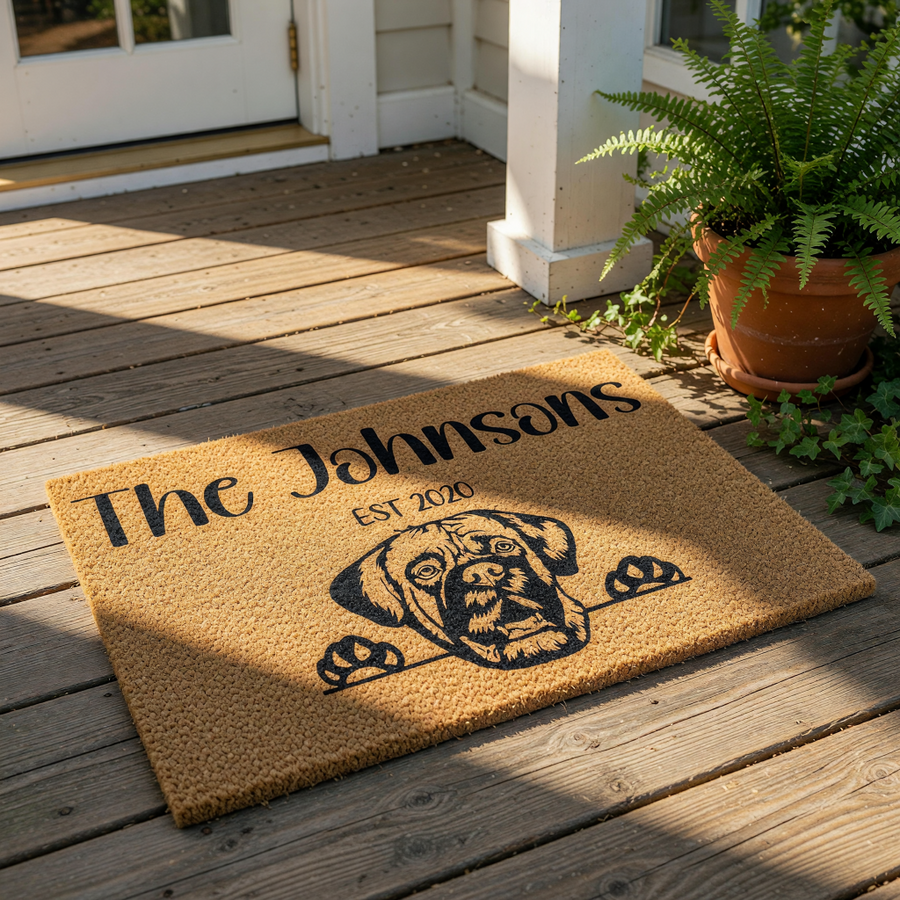 Personalized Boxer dog doormat featuring a custom family name and established year, this durable coir welcome mat showcases a cute dog face peeking over the edge for a stylish and functional home entrance decor piece.