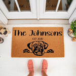 Personalized Boxer dog doormat featuring a custom family name and established year on natural coir fiber, creating a stylish front porch welcome mat for pet lovers that adds a decorative touch to any home entryway or housewarming