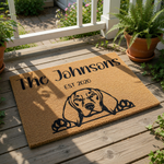 Personalized dog breed doormat featuring a cute hound illustration, custom family name, and established year text on a natural coir welcome mat, perfect for a pet lover home entrance or a unique housewarming front porch decor