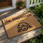 Personalized Goldendoodle dog doormat for front porch, featuring a custom family name and established year on natural coir fiber.