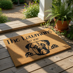 Personalized Boxer dog doormat with custom family name and established year, featuring a cute dog face illustration on natural coir fiber, perfect for a front porch welcome mat or housewarming entry decor for pet lovers.