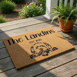 Personalized dog doormat featuring a cute doodle breed illustration, custom family name, and established year on a natural coir fiber welcome mat, perfect for a pet lover home entrance or a stylish housewarming front porch decor.