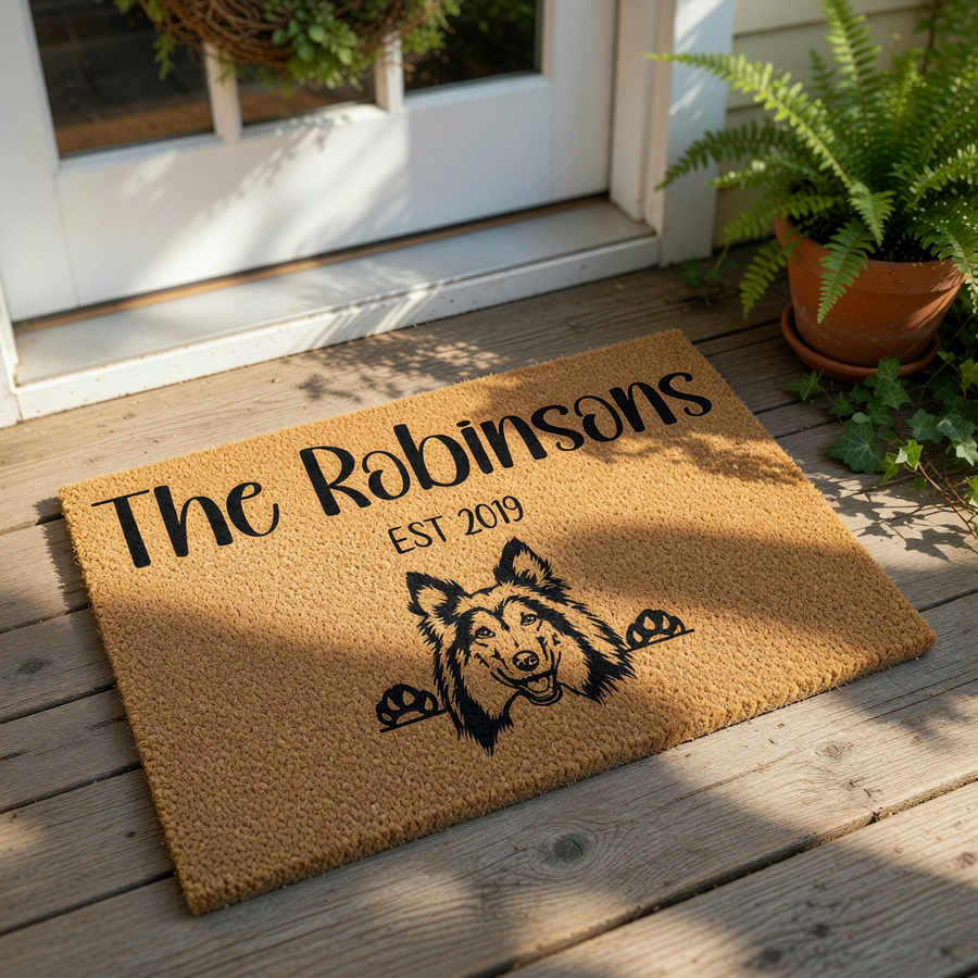 Personalized family name doormat featuring a cute Collie dog illustration and established year, this custom coir welcome mat is a durable outdoor floor rug for pet lovers and makes a charming housewarming entry decor piece.
