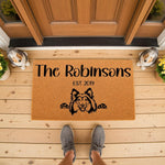 Personalized Collie dog doormat for front porch entry, featuring a custom family name and established year on a natural coir welcome mat, perfect for pet lovers looking for a durable outdoor rug with a cute dog breed illustration.