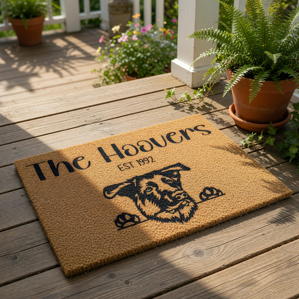 Personalized German Shepherd dog doormat featuring a custom family name and established year, this durable coir welcome mat showcases a cute dog peeking over the edge for a unique pet lover home entrance decor and housewarming