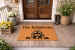 Personalized dog breed welcome doormat featuring a shaggy dog illustration and custom family name on a natural coir fiber mat, displayed on a front porch as a durable outdoor entrance rug for pet lovers and home decor enthusiasts.