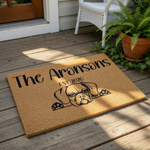 Personalized Boxer dog doormat for front porch, featuring a custom family name and established year on natural coir fiber.