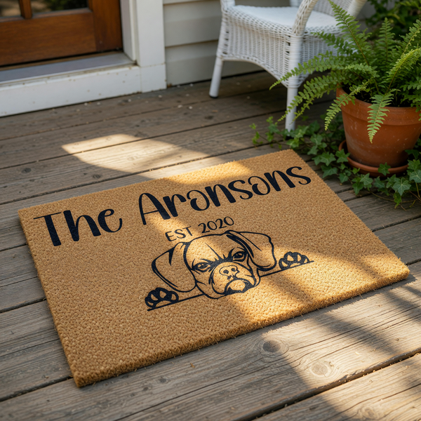 Personalized Boxer dog doormat for front porch, featuring a custom family name and established year on natural coir fiber.