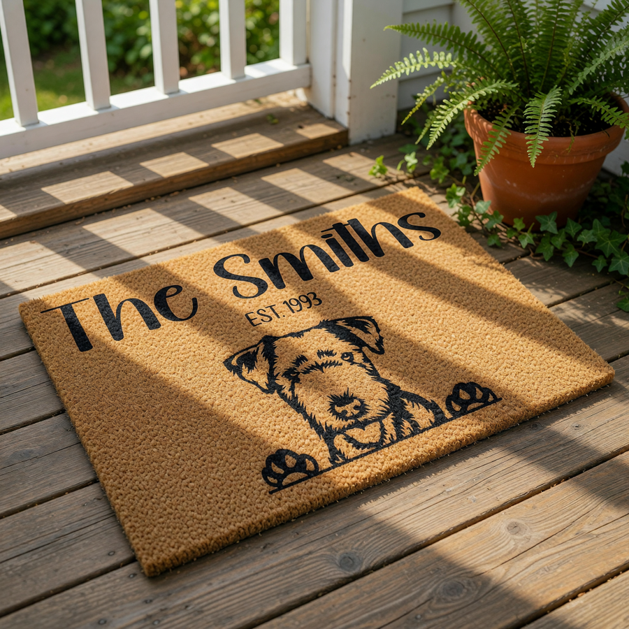 Personalized family name dog doormat featuring a cute terrier illustration on natural coir fiber, this custom welcome mat for front porch decor makes a durable outdoor rug for pet lovers and a housewarming gift for new homeowners.