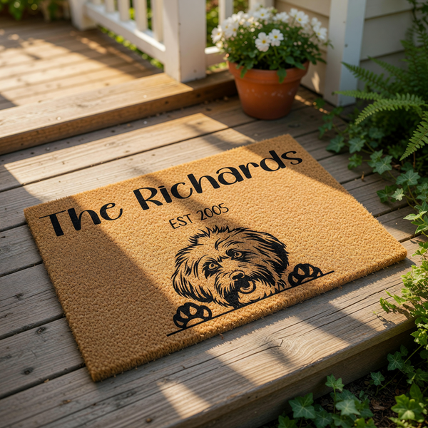 Personalized family name coir doormat featuring a cute shaggy dog illustration, this custom welcome mat for dog lovers makes a durable outdoor floor rug for your front porch entrance with a charming pet-themed housewarming design.