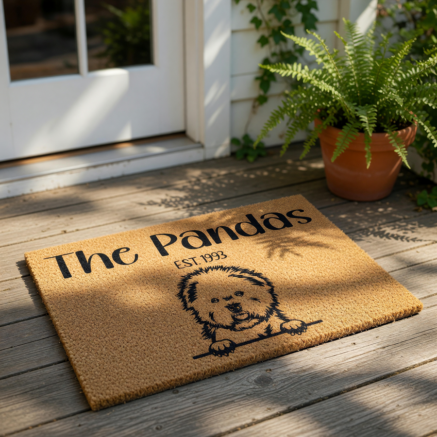 Personalized dog breed doormat featuring a cute fluffy puppy illustration on natural coir fiber, perfect as a custom family name welcome mat for your front porch entry, durable outdoor floor rug for pet lovers and home decor