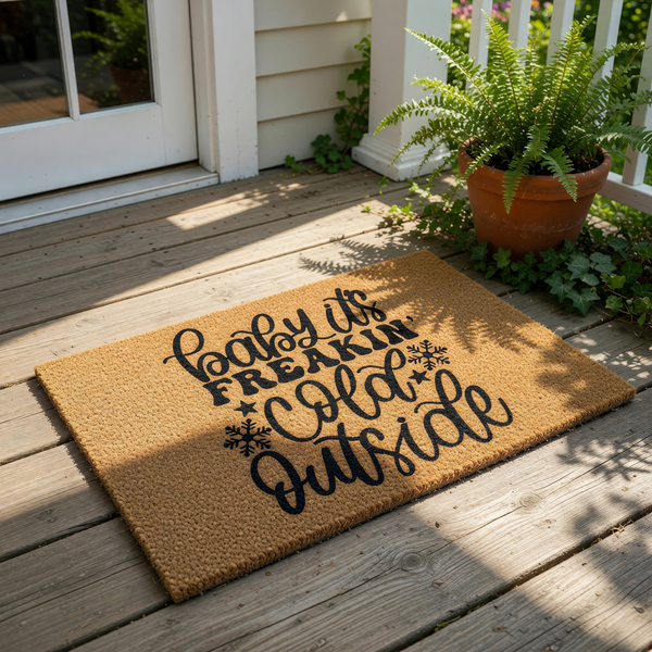 Funny winter doormat with the text Baby Its Freakin Cold Outside in black script and block lettering on a natural coir fiber welcome mat, perfect for a seasonal front porch entry rug or a humorous holiday home decor floor mat.