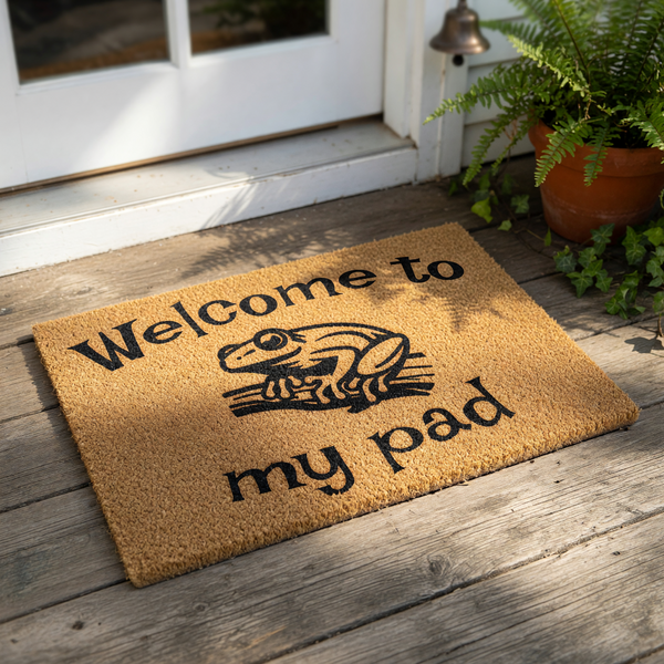 Frog welcome to my pad coir doormat featuring a cute amphibian illustration on a natural fiber welcome mat, perfect for a funny front porch entrance rug or a quirky housewarming decor piece for any animal lover home entryway.