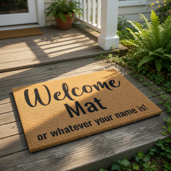Funny Welcome Mat with text that reads Welcome Mat or whatever your name is, featuring a natural coir fiber texture for this front door rug that serves as a humorous housewarming decor piece for your home entryway or porch floor.