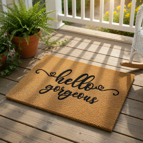 Hello Gorgeous coir doormat with black script lettering, a natural fiber welcome mat for front porch entryways that adds a stylish touch to your home decor and serves as a functional outdoor floor rug for guests and visitors.