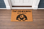 Personalized turtle welcome doormat for front porch entry, featuring a cute tortoise illustration and custom family name text on natural coir fiber, making a durable outdoor floor mat for housewarming or new home decor.