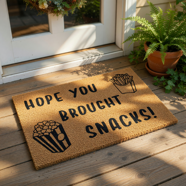 Funny Hope You Brought Snacks doormat featuring popcorn and french fry illustrations on natural coir fiber, perfect as a humorous front porch welcome mat for food lovers and home decor enthusiasts looking for a quirky entryway